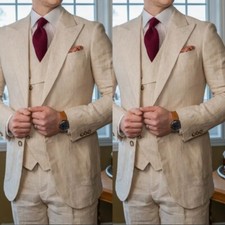 Beige Linen Men Suits Groom