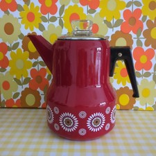 Vintage Enamel Coffee Pot Red White Flowers Baumann Retro 60s 70s
