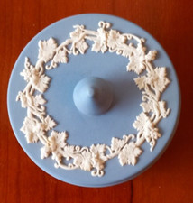 Wedgwood Jasperware rare blue round trinket box features "Floral grape vines"