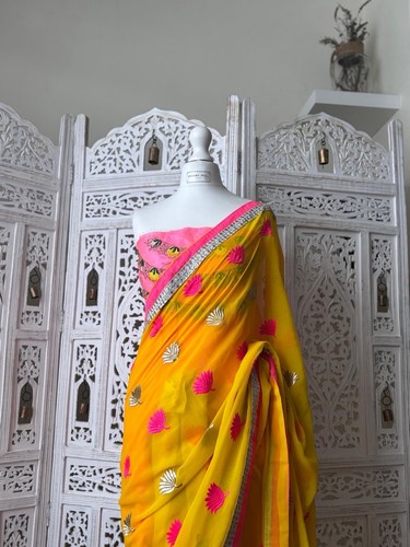 Yellow georgette saree pink - georgette,