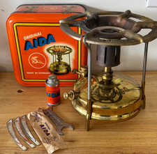Vintage AIDA One Burner Camp Stove Sweden Spirit Tin Wrench Papers SVEA Optimus