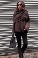 ZARA NEW WOMAN SS25 SHORT KNIT SCARF COAT Chocolate Size L-XL Ref 2756/002/700