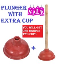 Large Toilet Plunger With 43cm Heavy Duty Long Wooden Handle 14cm Wide 2 Rubbers