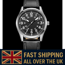 Pilot Field Men's Watch, Quality Seiko Movement, Stainless Steel PU Leather UK