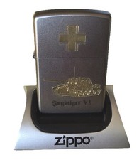VERY RARE Brushed Chrome & Gold JAGDTIGER VI (RETIRED) ZIPPO With Stand