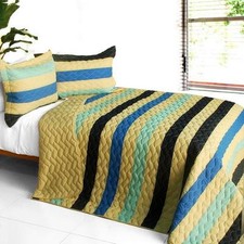 3 PC Armani Style blue tan stripes vermicelli Queen Quilt Shams