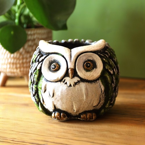 Round cement owl planter white - cement,