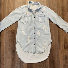 Vintage 90s Distressed Grunge Shredded Denim Long Cotton Botton front Shirt SZ M