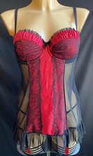 La SENZA Suspender Babydoll & String Set Red Satin Sheer Black Mesh & Lace UK 14