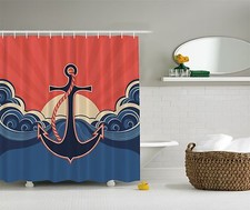 Blue Red Ocean Nautical Anchor Beach Fabric Shower Curtain Digital Art Bathroom