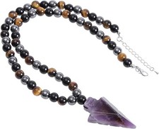 Crystal necklace amethyst arrowhead pendant Tigers Eye Hematite reiki healing