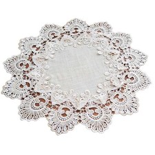 Dual Color Round Linen Tablecloth with Lace Embroidery for Dining Table Covers