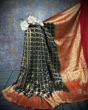Indian  Black and Red Khaddi Georgette Saree  with beautiful kanchi border