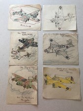 6 drawings of WWII Aircraft hand drawn by a 13 year old boy during World War II