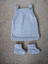 Hand Knitted Grey Newborn Baby Pinafore Dress And Boots