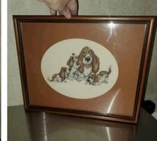 Adorable Basset Hound Puppy Dog Mom & 3 Puppies Framed Wall Art 12"x15"