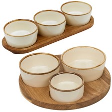 3 Tapas Serving Dishes Ceramic Dip Bowls on Wooden Acacia Tray Snacks & Nibbles