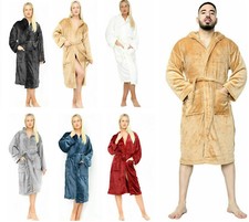 UNISEX LUXURY TEDDY FLEECE TERRY TOWELLING HOODED BATH ROBE DRESSING GOWN TOWEL