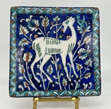 Armenian Pottery Tile Gazelle, Jerusalem, Palestine, Iznik Style, Blue, Flowers