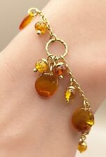 New 925 Sterling Silver Gold Vermeil Natural Honey Amber Droplet Charm Bracelet 