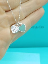 Return To Tiffany & Co Silver Blue Enamel Double Mini Hearts Necklace 17- 18" 