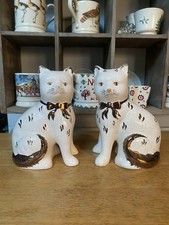 Pair of White Ceramic Staffordshire Cats Figurines Ornaments Gold