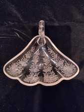 Vintage Fostoria Etched Floral Glass Triangular Tray With Handle. Shell Shape