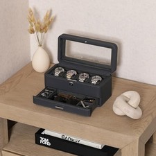ROTHWELL 4 Slot Leather Watch Box with Valet Drawer - Luxury Case Display Jewelr