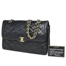 CHANEL CC Matelasse Paris Double Flap Chain Shoulder Bag Leather Black 644RF154