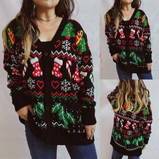 Christmas Women Knitted Cardigan Jumper Grandad Xmas Party Sweater Open Coat