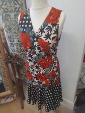 Vintage Simon Ellis Floral Polka Dot Dress UK 10 Button Summer 1980s Silk 