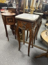 Antique French Kingwood Walnut & Ormolu Lamp Side Table with Marble Top & Drawer