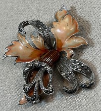 Vintage BJL Signed Marcasite Apricot Orange Enamel Lily Flower Brooch Orchid 2”