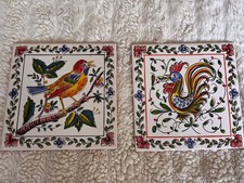 Vintage Portuguese Hand Painted Nuanca Rooster & Red Bird Tiles X 2