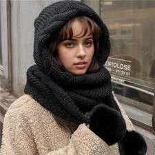 Ladies Knitted Hat With Scarf, Pom-Pom And Ear Flaps, Thick And Warm For Winter