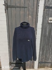 Lacoste Men's Navy Blue Polo Neck Sweater Cable Knit Jumper Size Xl 100%cotton