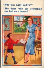 Vintage 1930s England UK Comic Postcard Boy in Classroom "Who Was Lady Godiva?"