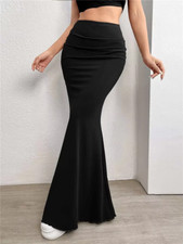 Autumn Solid Bodycon Ruched Long Skirt Women Sexy Black High Waist Mermaid Maxi