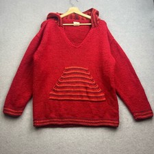 PACHAMAMA Jumper Hoodie L Red Handmade Chunky Knit Nordic Aztec Pocket Amano VTG