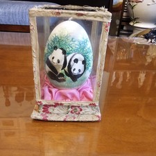 Chinese Art Hand Painted Ostrich Egg Two Panda Bears