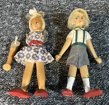 2 x Vintage Polish Wooden Peg Dolls - Original Dress &Hair - 1960's x20cm