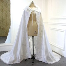 White Satin Lace Wedding Cloaks With Hooded Wraps Long Bridal Church Cape Jacket