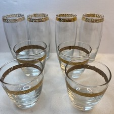 8Antique vintage mid century bar Drink glass gold gilt Stripe Band