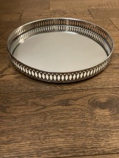 Decorative Round Silver Coloured Metal Vintage Style Mirrored Serving Tray