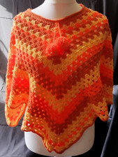 Vintage Crochet Poncho Granny Knit Handmade Shrug Hippie Boho Festival Orange