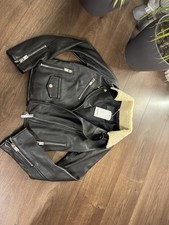 bolongaro trevor sheep leather jacket in black with white fur collar size large 