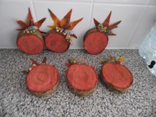 6 handmade little log slices painted & decorated as pumpkins approx 3" across