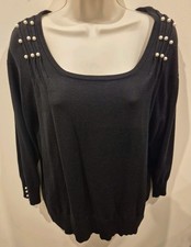 ROMAN Ladies Soft Black Jumper With Pearl Detail On Shoulders & Cuffs UK20 Used