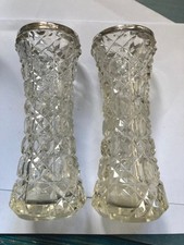 H.P & S Crystal Vases Silver Rim Geometric Design Pair  2062