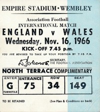 TICKET: ENGLAND v Wales (Home International) 1966 - EXCELLENT